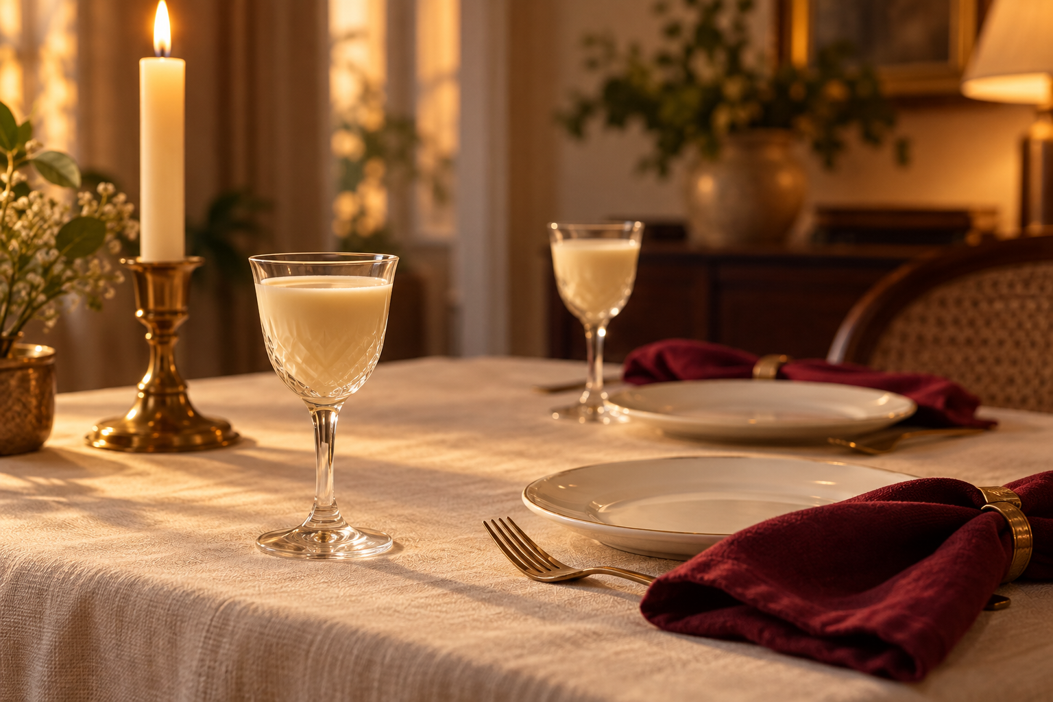 AI-generated hosting inspiration: a table set for two with cream drinks