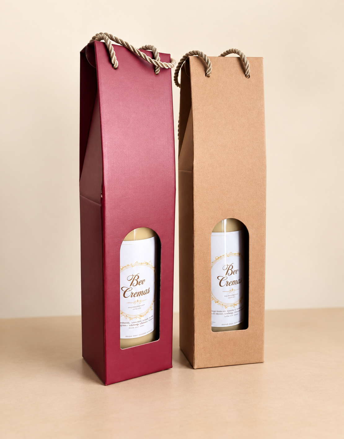 Bev Cremas burgundy and kraft packaging with a retouched studio background